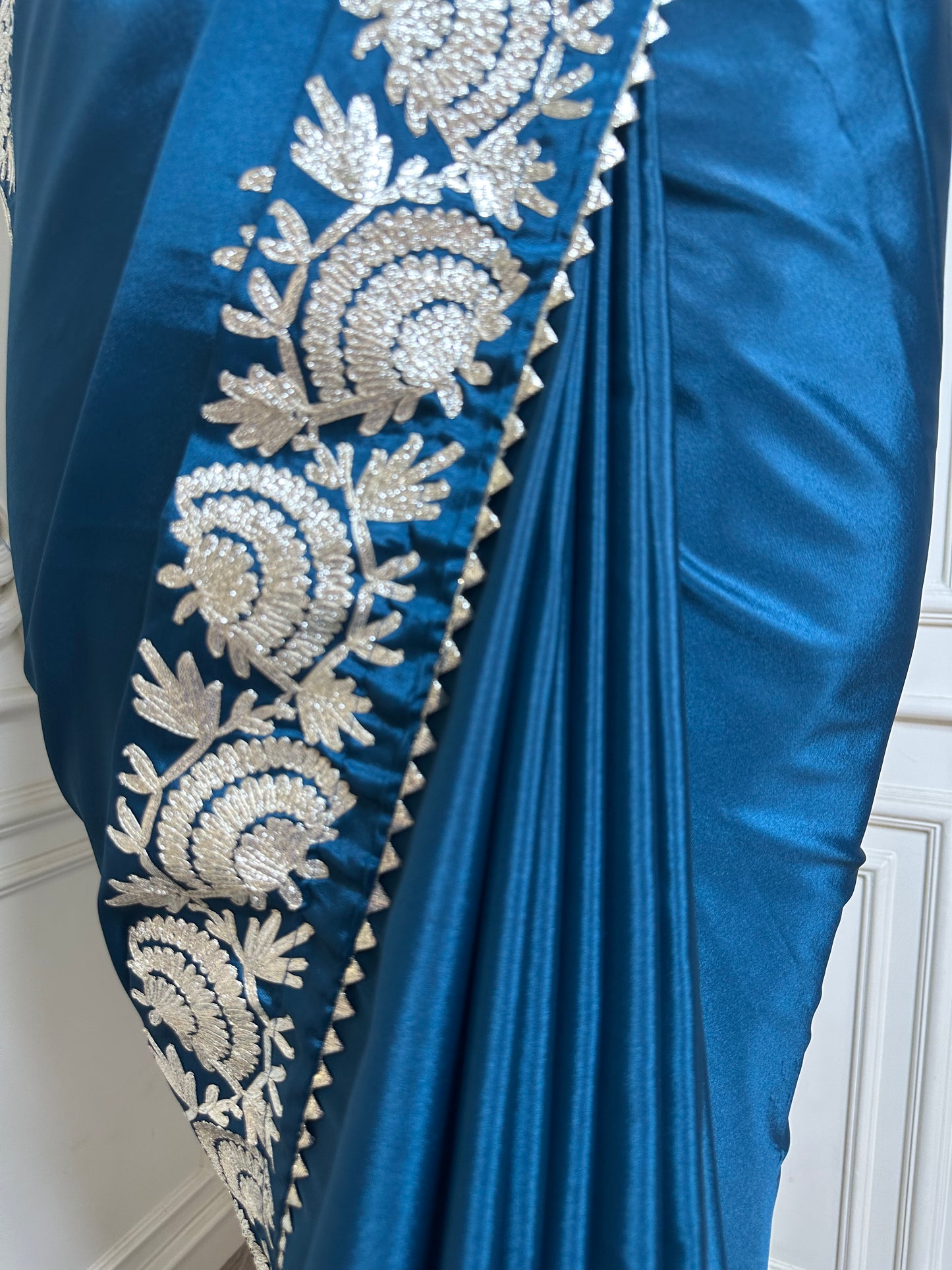 Teal Blue Designer Saree with White Thread Embroidered Border