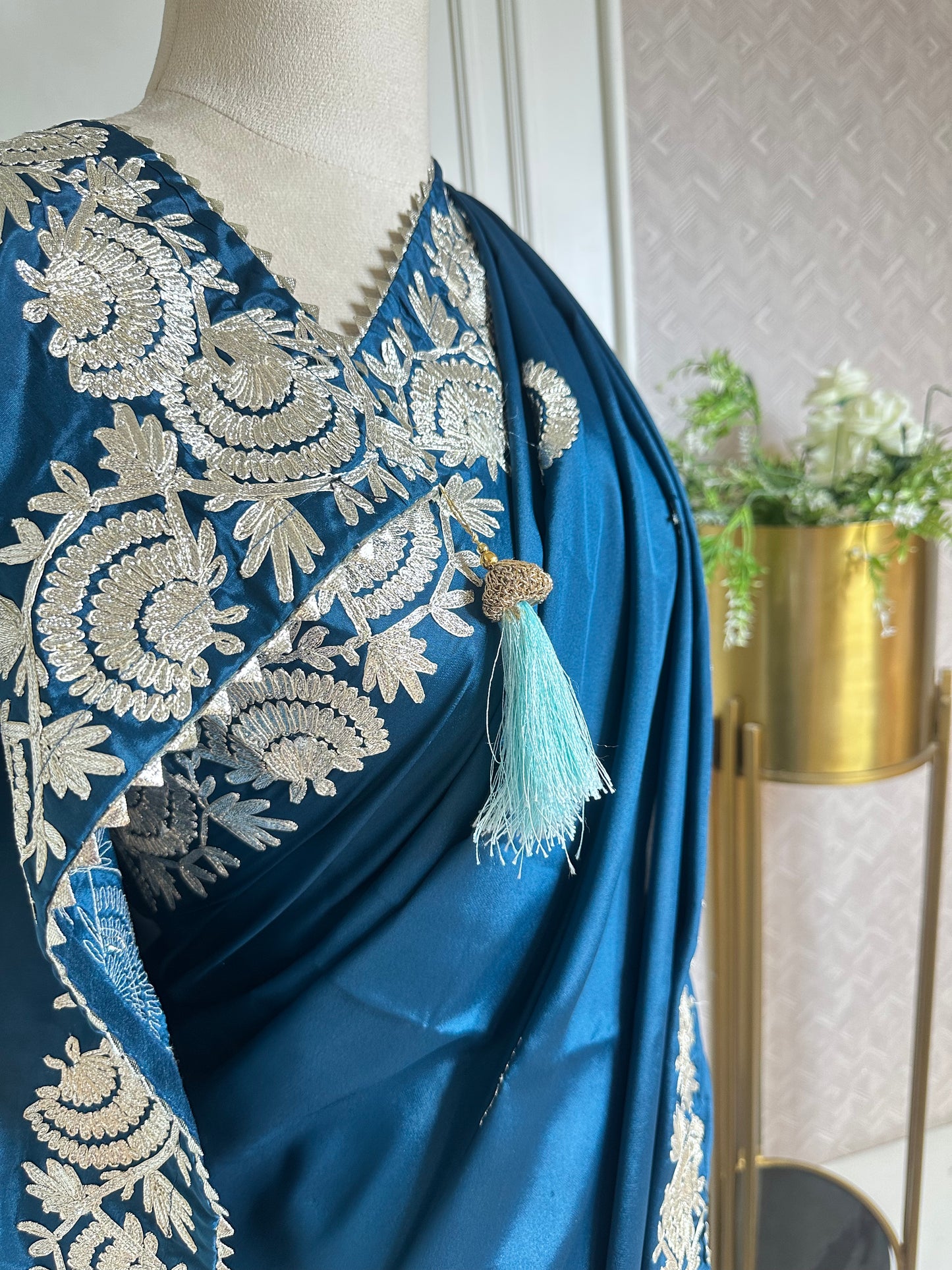 Teal Blue Designer Saree with White Thread Embroidered Border