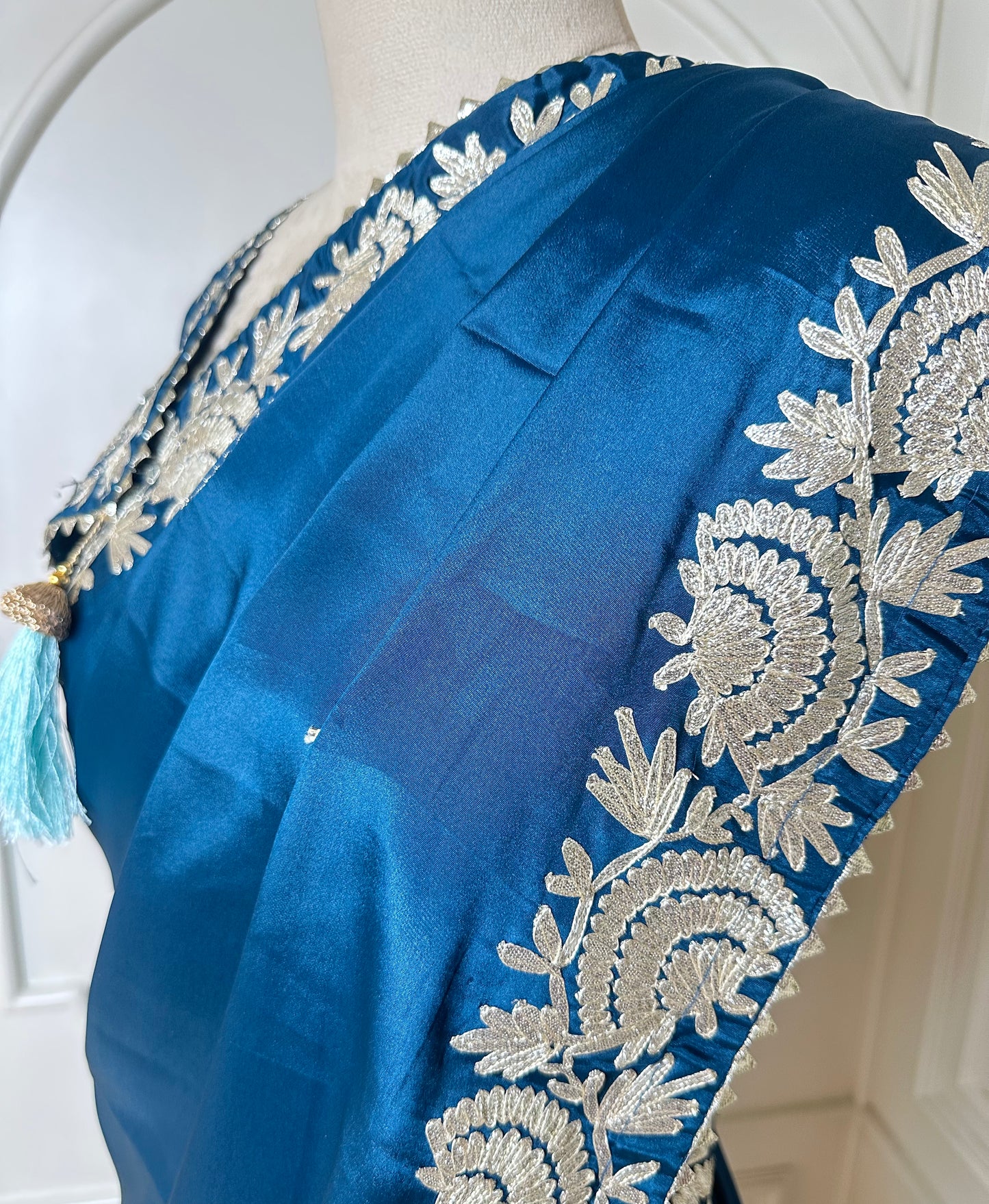 Teal Blue Designer Saree with White Thread Embroidered Border