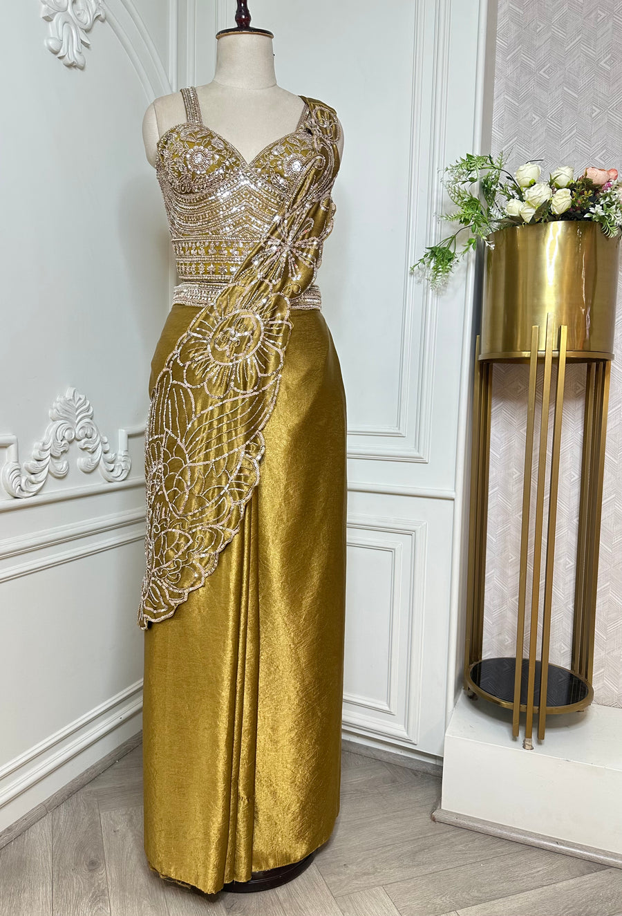 Olive Gold Designer Saree Set - front view