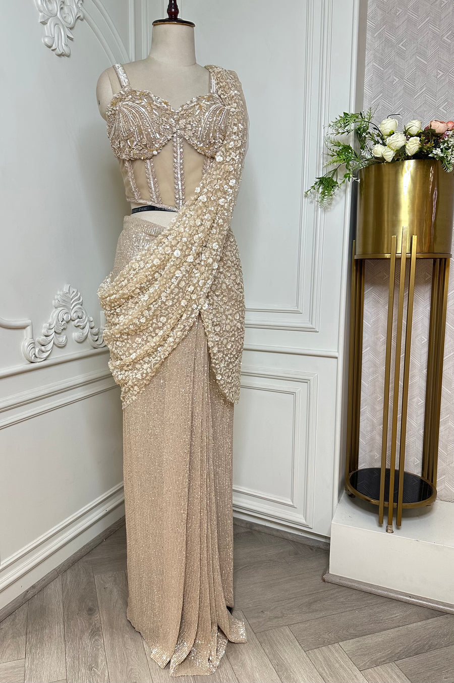 Champagne Gold Designer Saree Set - front view