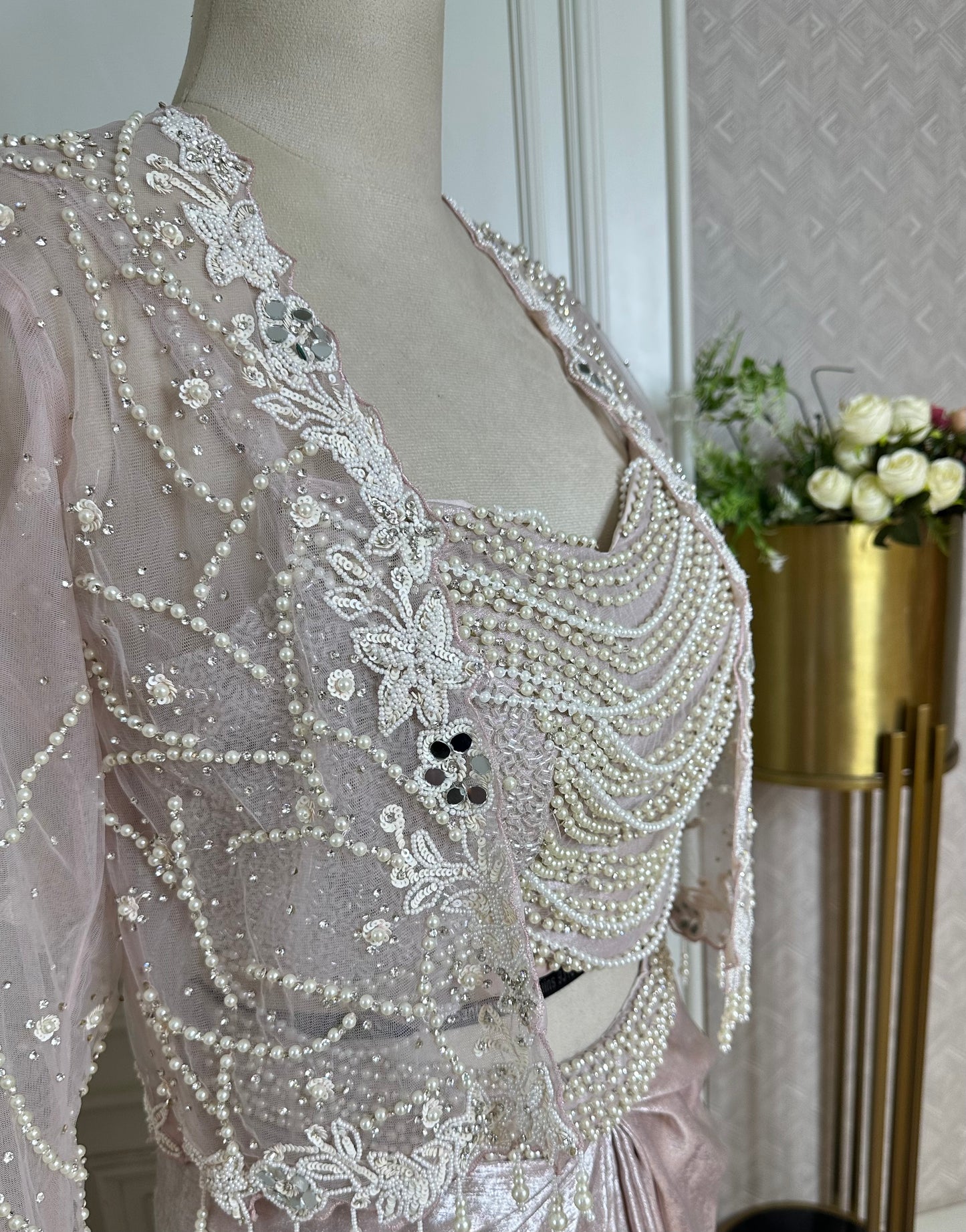 Blush Pink Designer Drape Saree with Pearl Embellished Blouse & Embroidered Cape