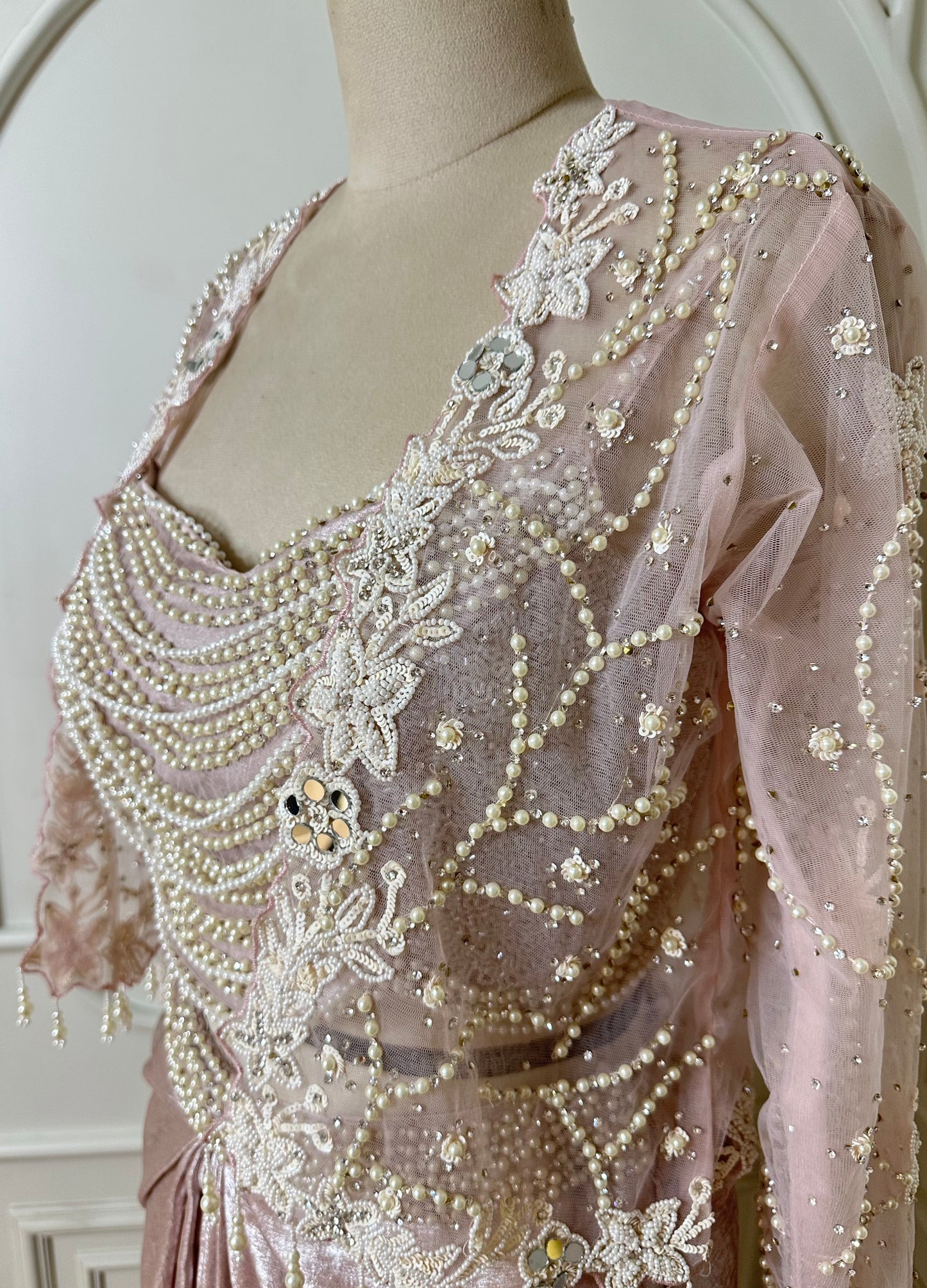 Blush Pink Designer Drape Saree with Pearl Embellished Blouse & Embroidered Cape