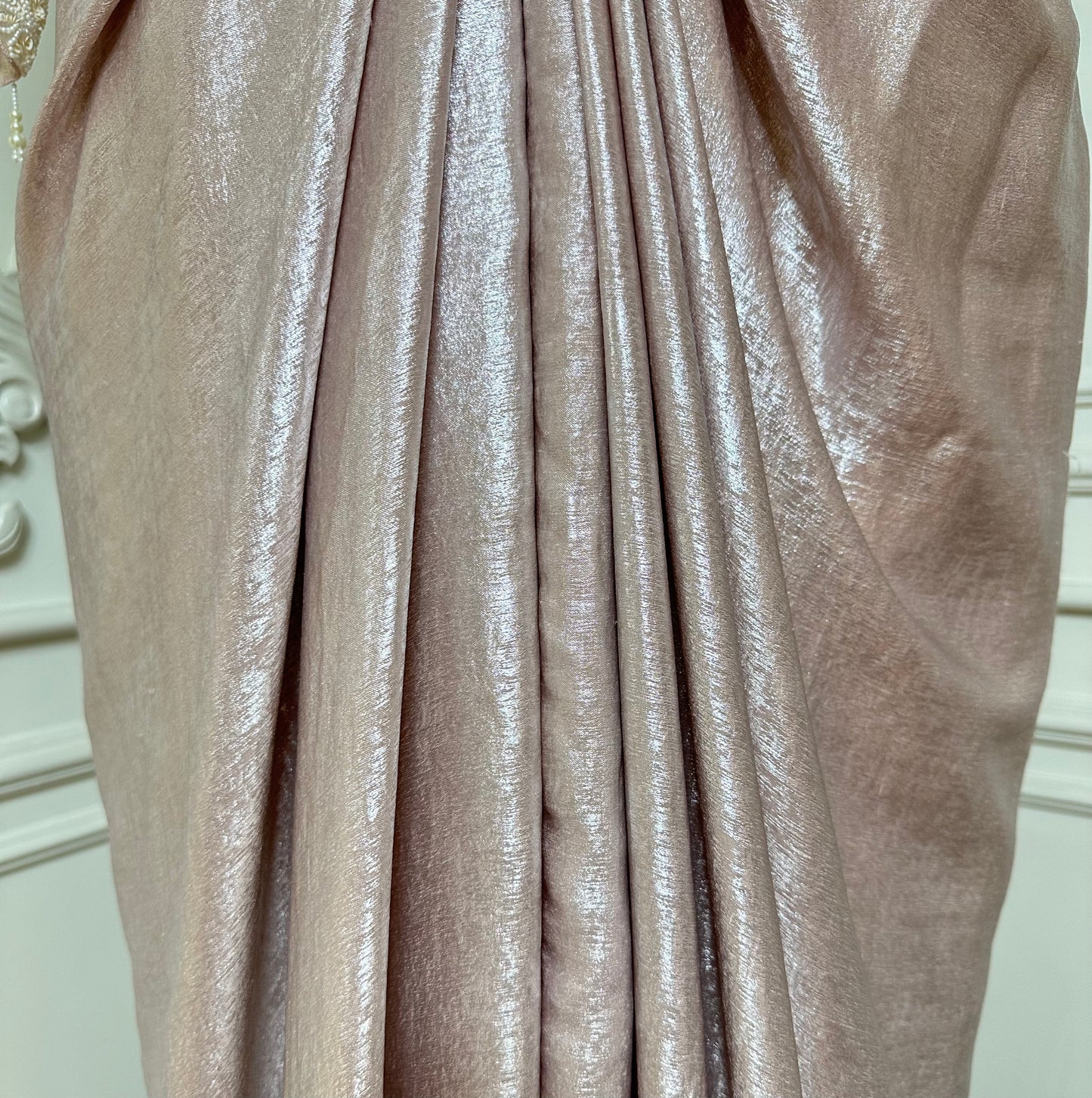 Blush Pink Designer Drape Saree with Pearl Embellished Blouse & Embroidered Cape