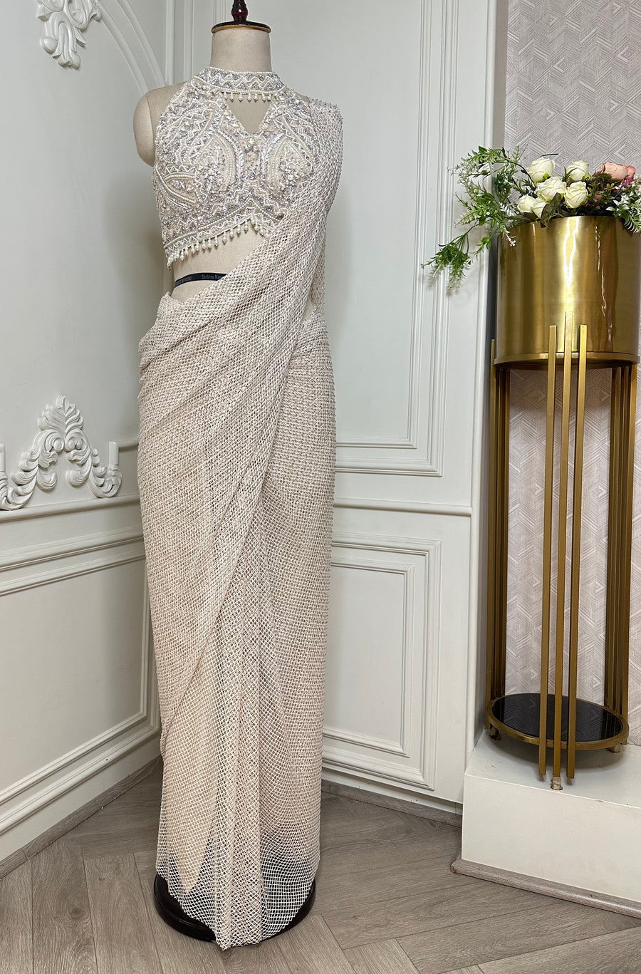 Ivory Designer Net Saree with Hand Embellished Blouse - front view