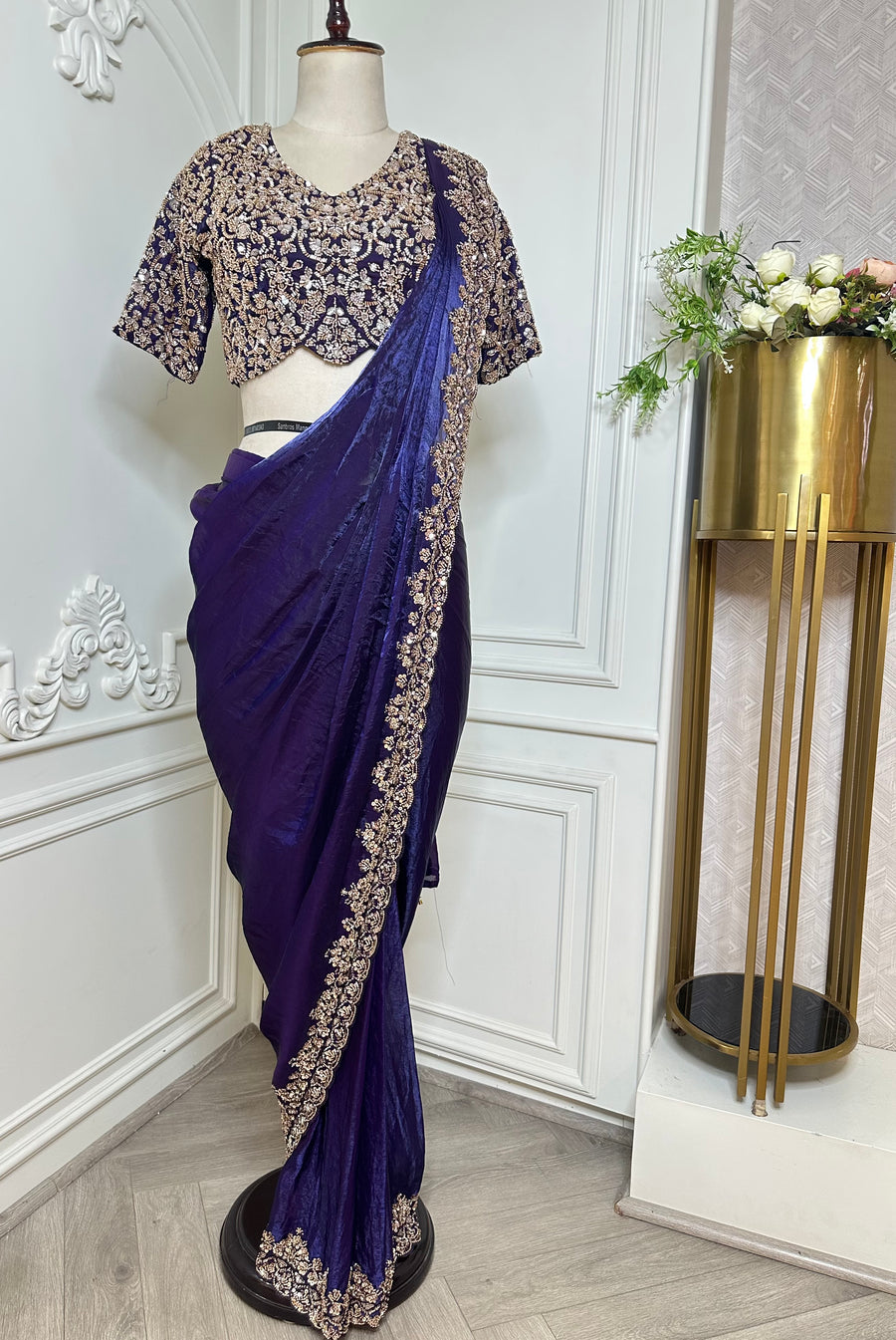 Royal Purple Designer Saree with Heavy Gold Embroidered Border - front view