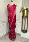 Rani Pink Embroidered Designer Saree