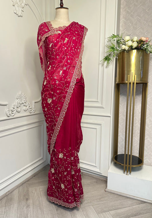 Wine Embroidered Designer Saree
