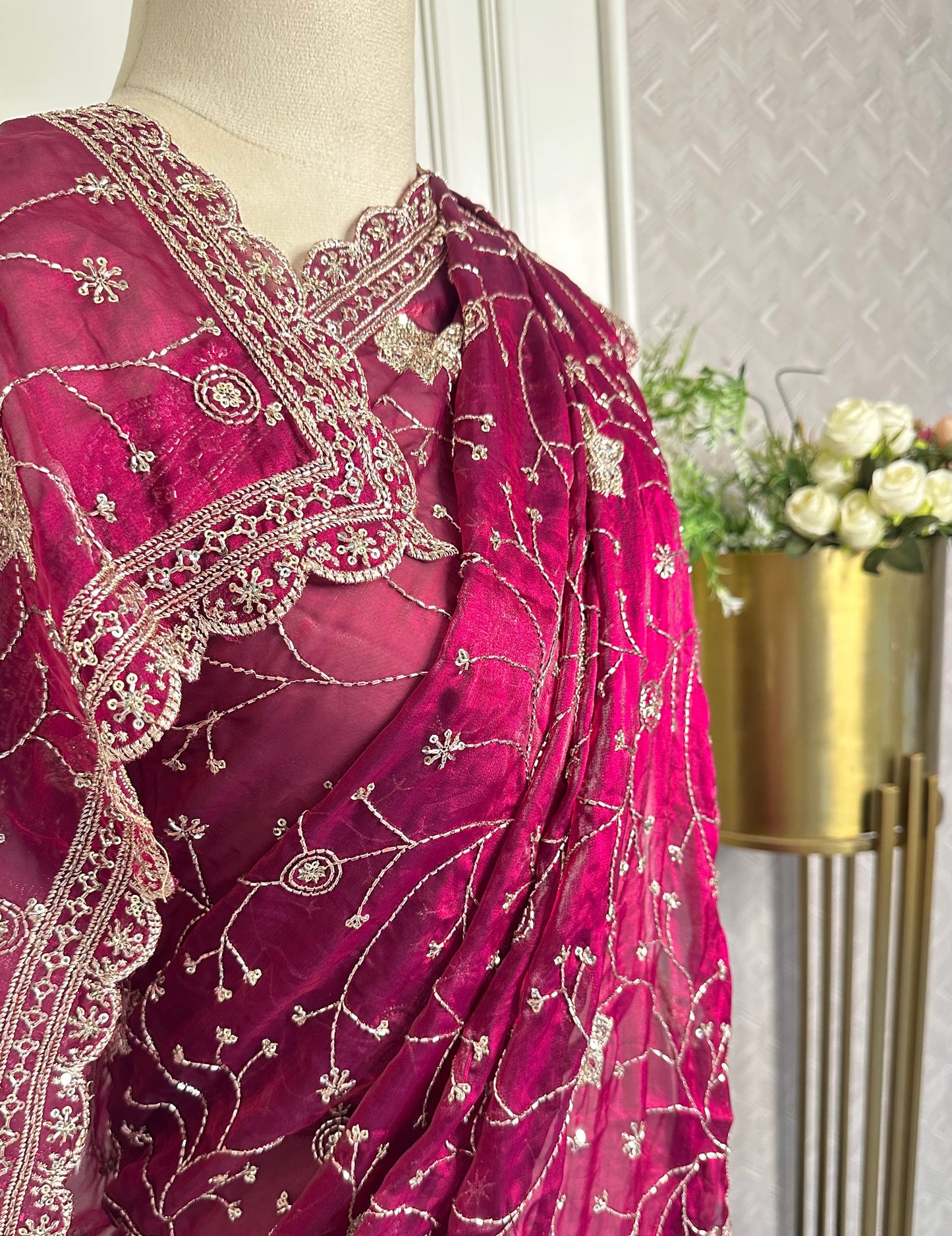Wine Embroidered Designer Saree