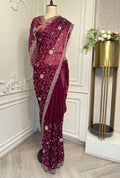 Wine Embroidered Designer Saree