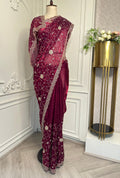 Wine Embroidered Designer Saree