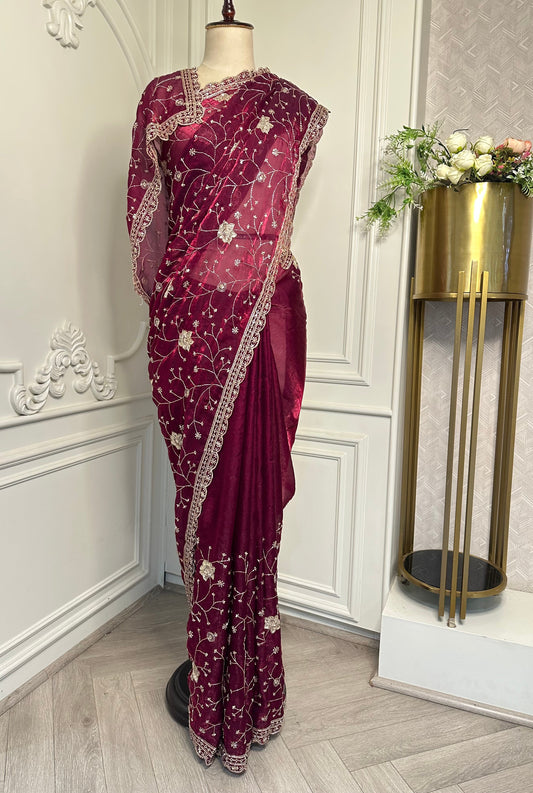 Wine Embroidered Designer Saree