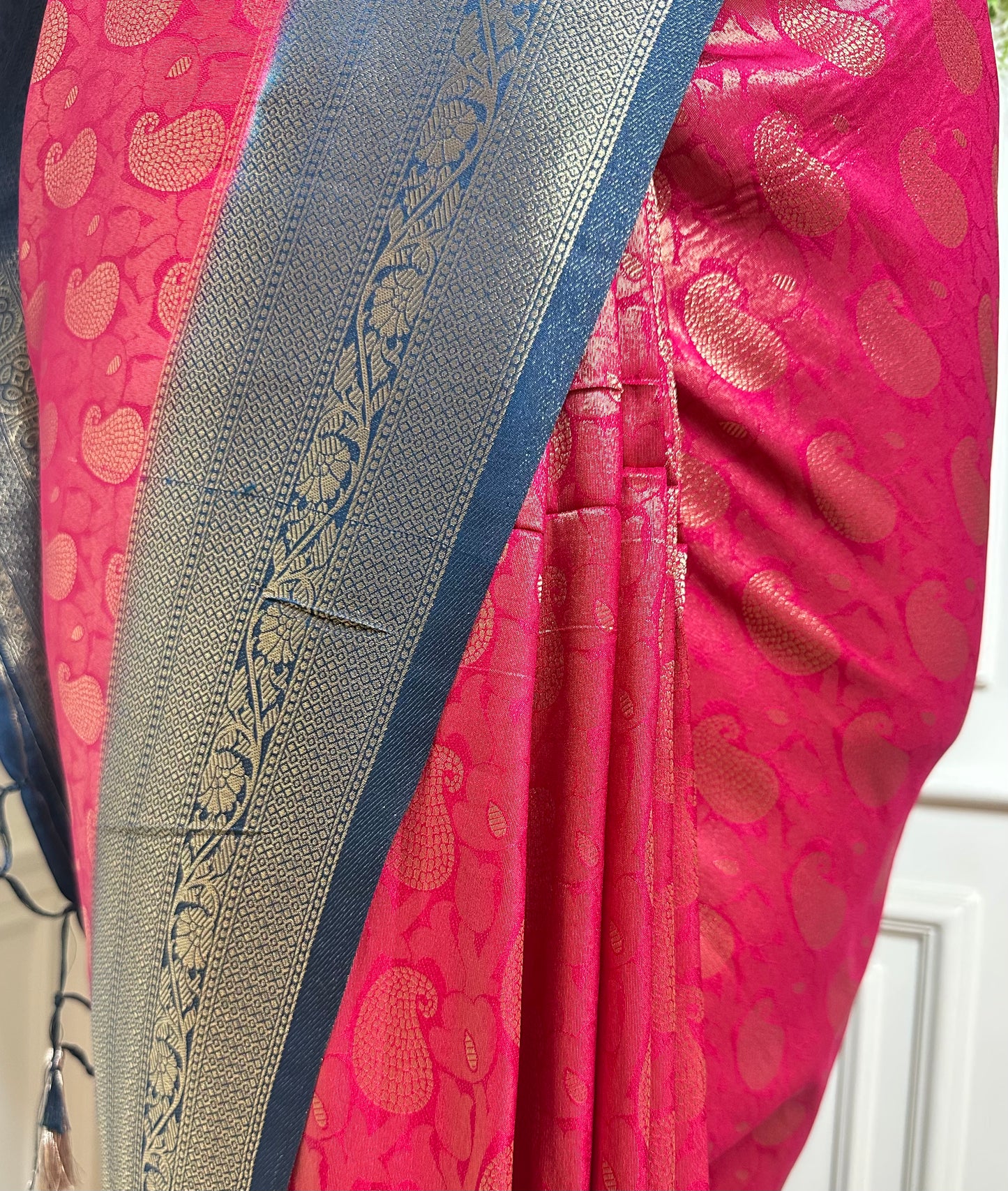 Rani Pink Banarasi Silk Saree with Navy Blue Zari Border