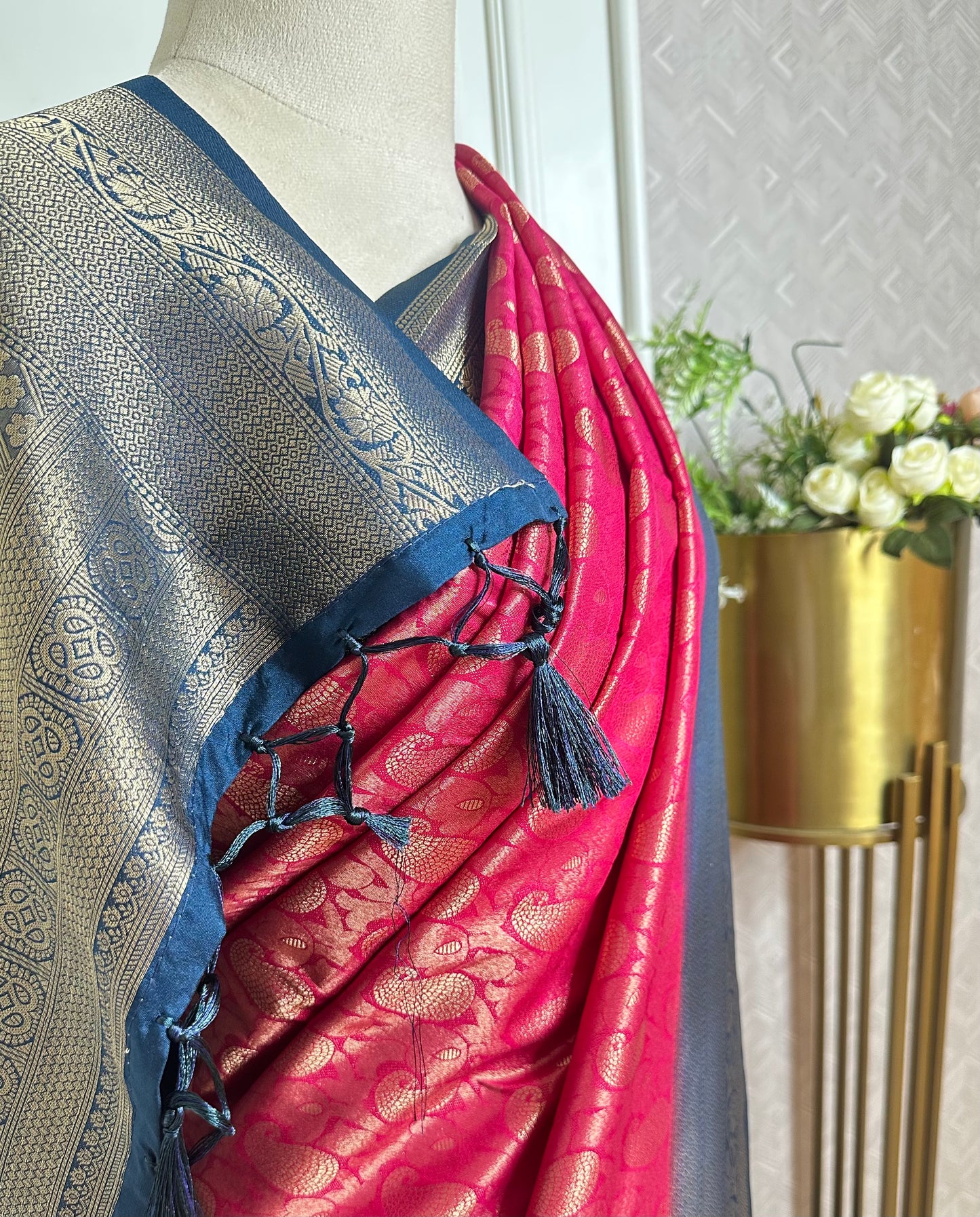 Rani Pink Banarasi Silk Saree with Navy Blue Zari Border