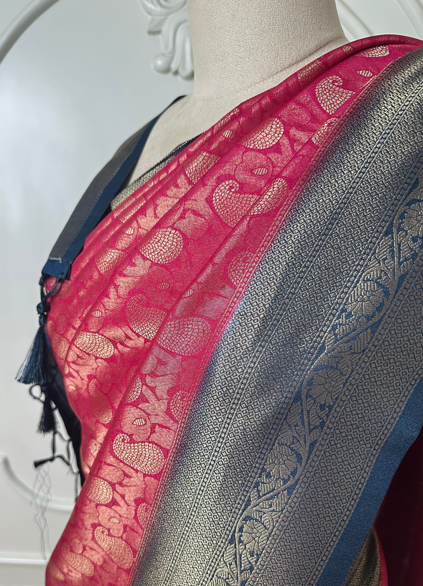 Rani Pink Banarasi Silk Saree with Navy Blue Zari Border