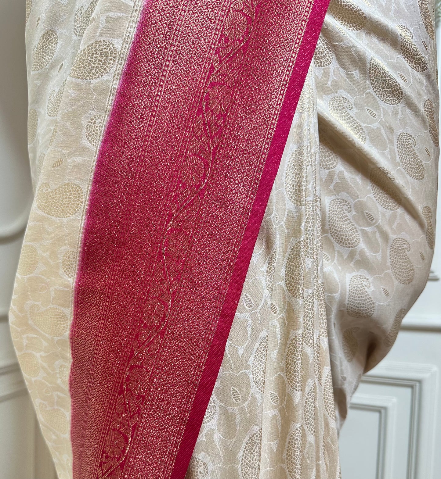 Ivory Banarasi Silk Saree with Rani Pink Zari Border