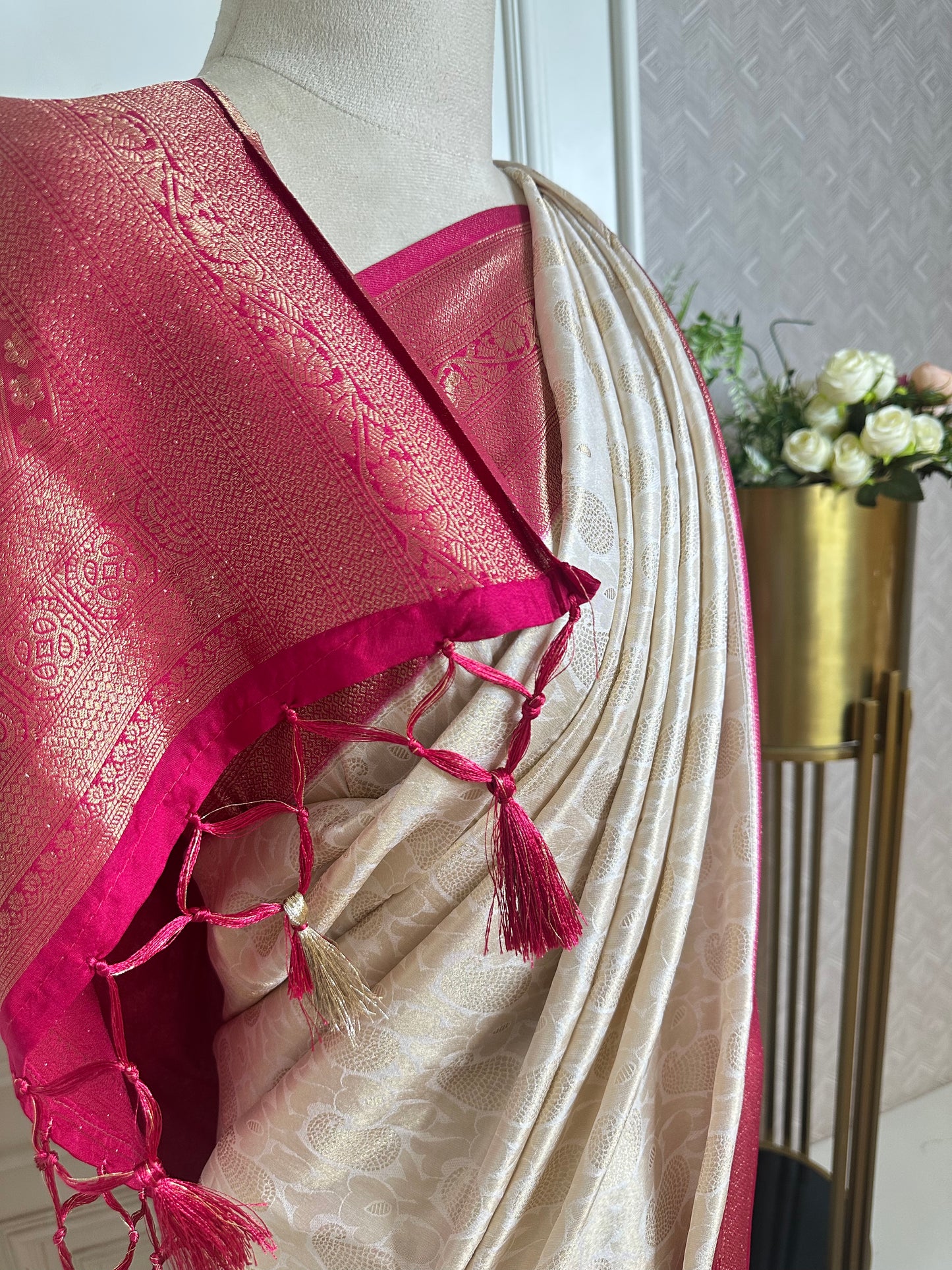 Ivory Banarasi Silk Saree with Rani Pink Zari Border