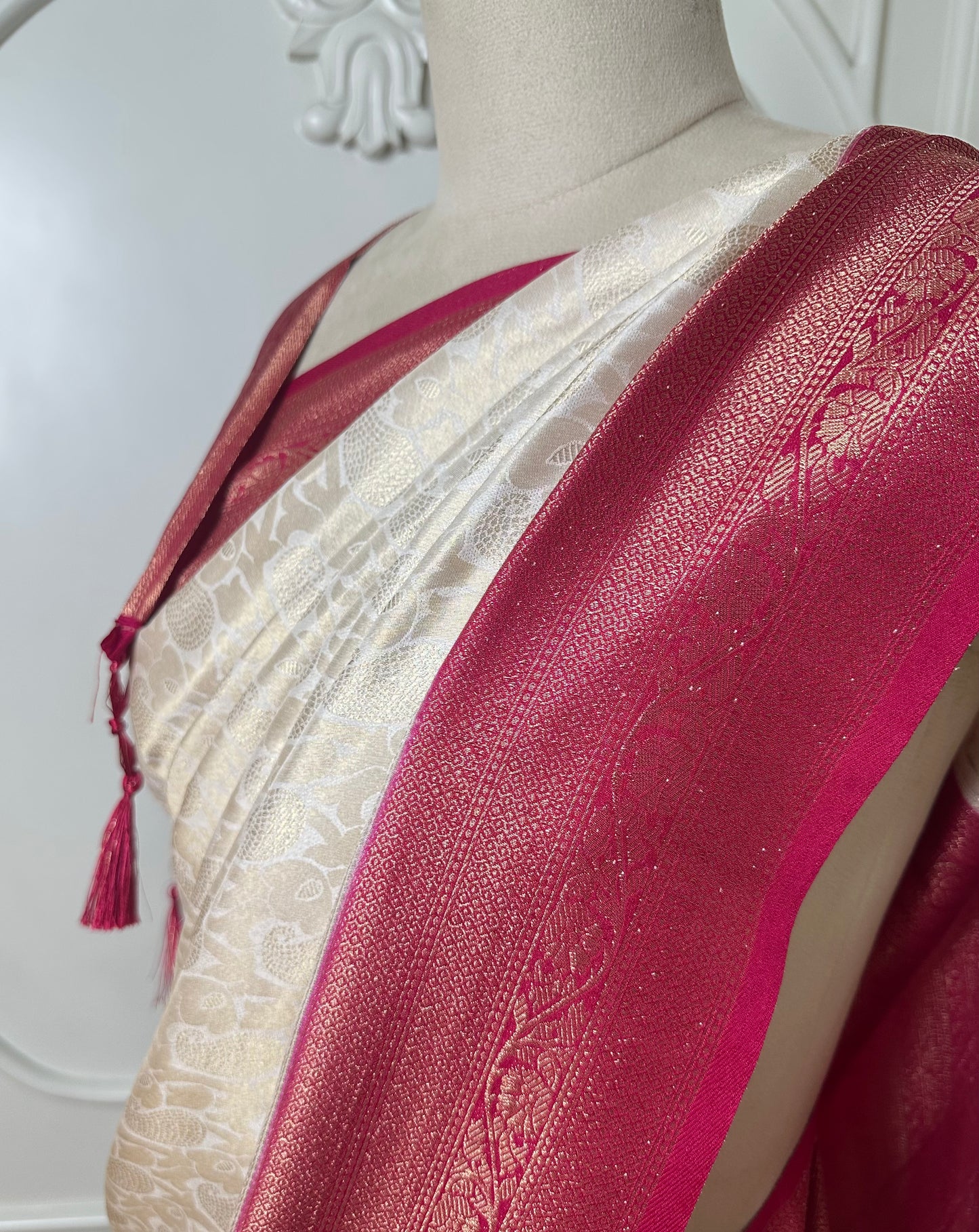 Ivory Banarasi Silk Saree with Rani Pink Zari Border