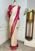 Ivory Banarasi Silk Saree with Rani Pink Zari Border