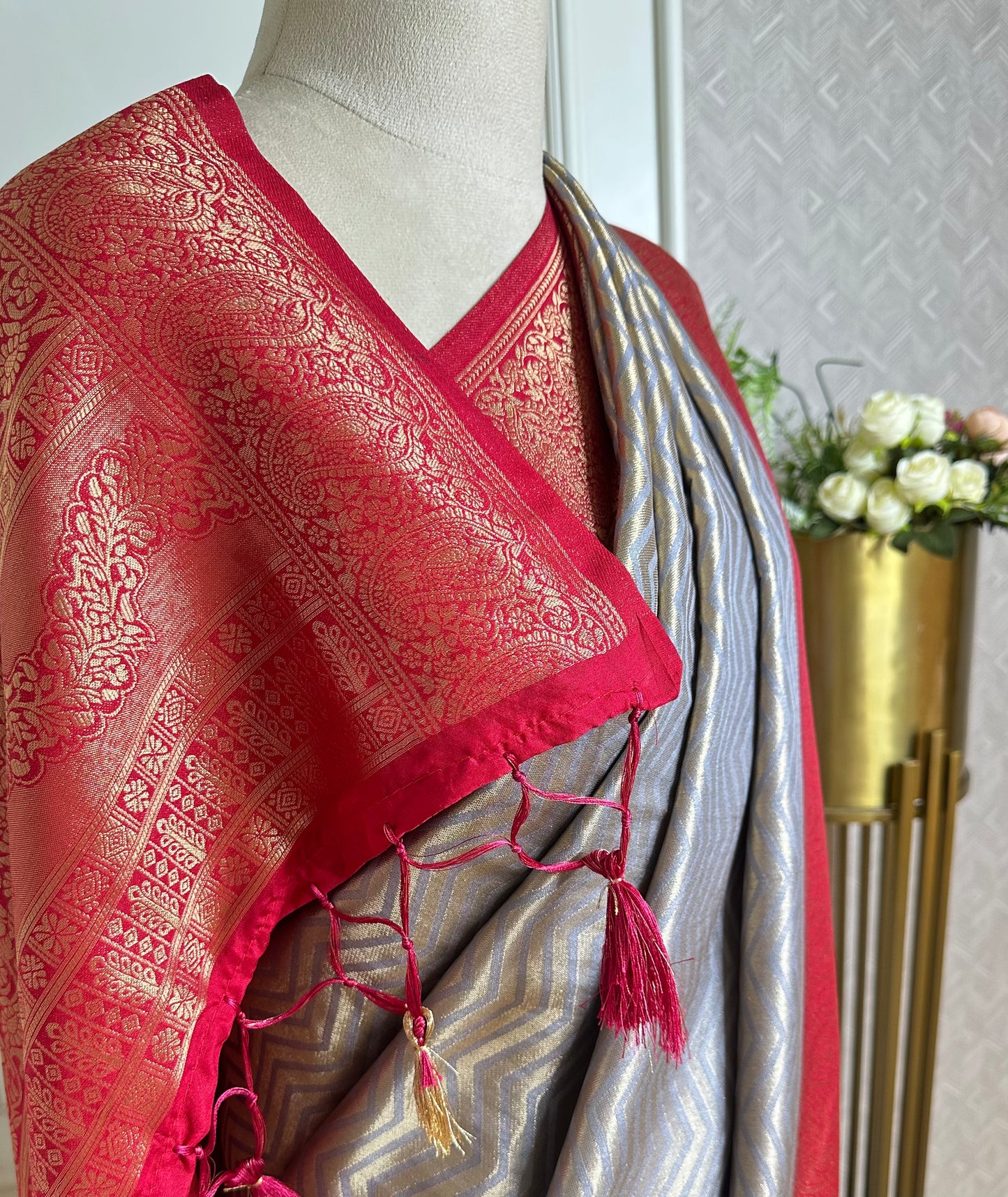 Silver Grey Banarasi Silk Saree with Coral Pink Zari Border