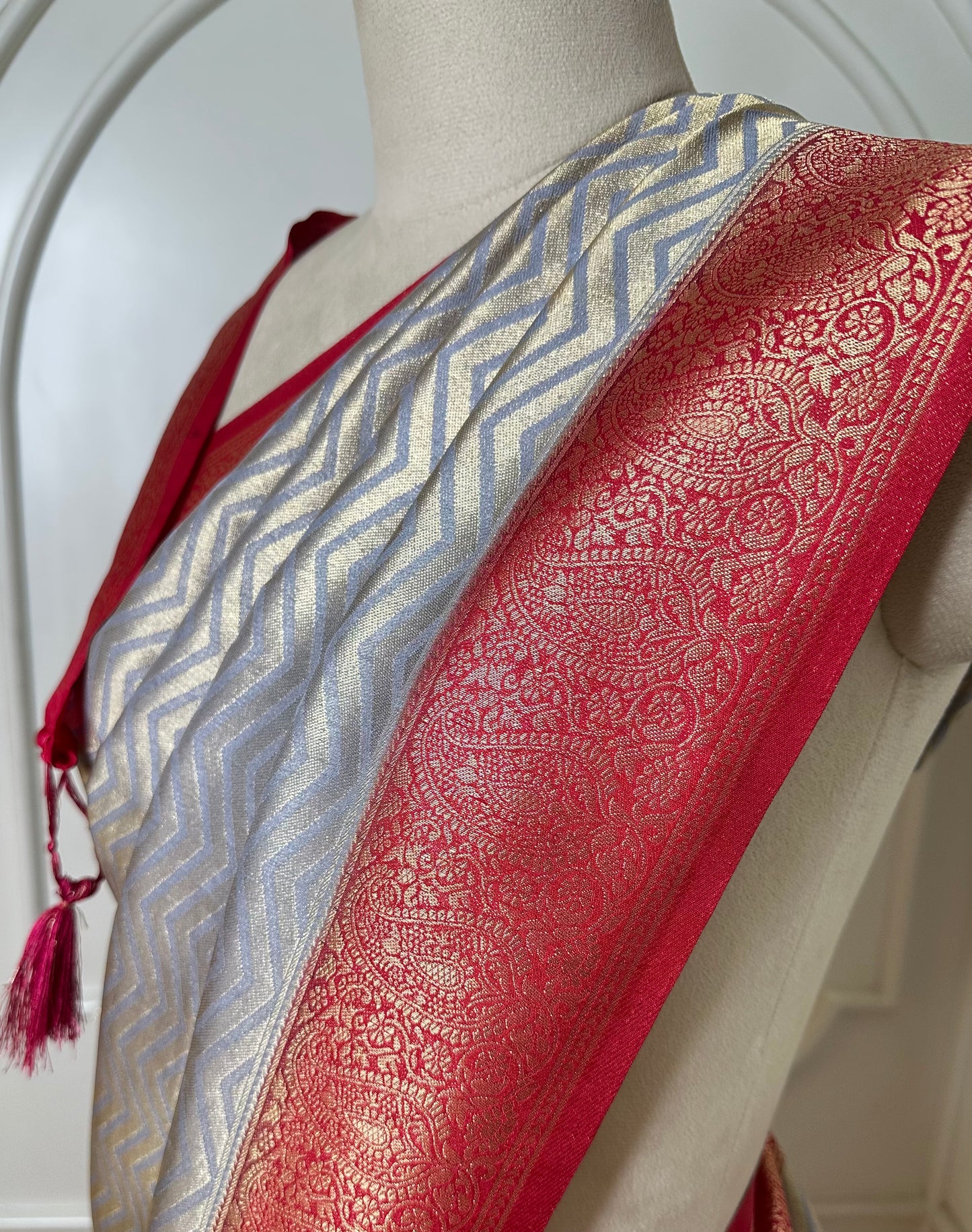 Silver Grey Banarasi Silk Saree with Coral Pink Zari Border