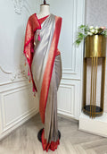 Silver Grey Banarasi Silk Saree with Coral Pink Zari Border