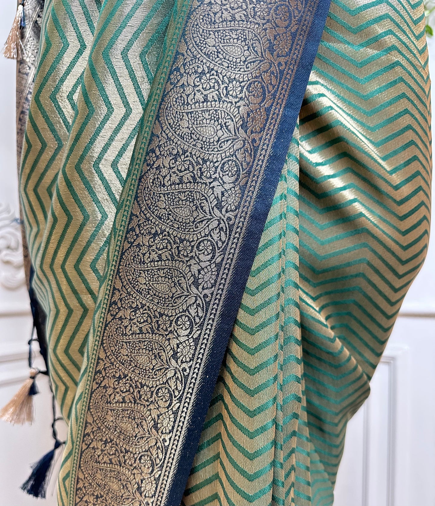 Sage Green Banarasi Silk Saree with Navy Blue Zari Border