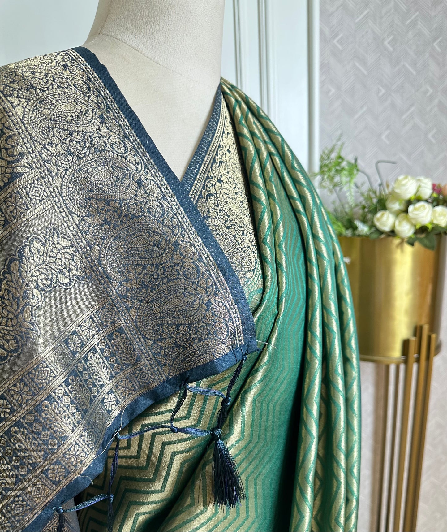 Sage Green Banarasi Silk Saree with Navy Blue Zari Border