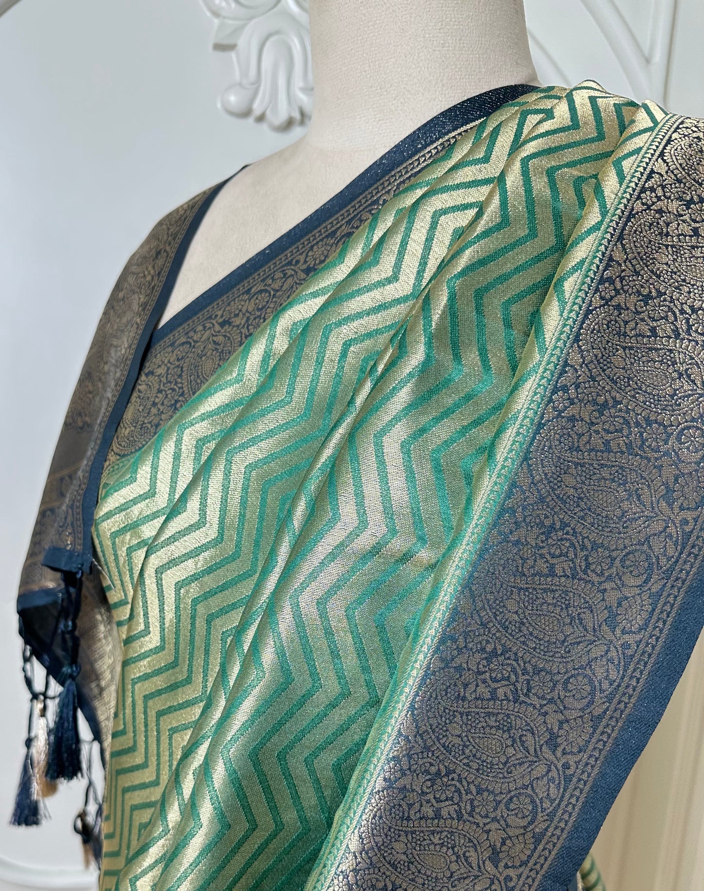 Sage Green Banarasi Silk Saree with Navy Blue Zari Border