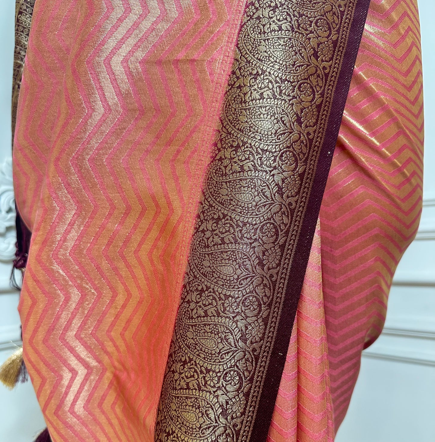 Peach Banarasi Silk Saree with Wine Zari Border