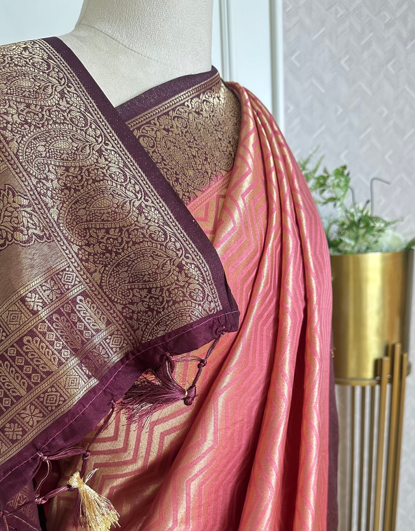 Peach Banarasi Silk Saree with Wine Zari Border