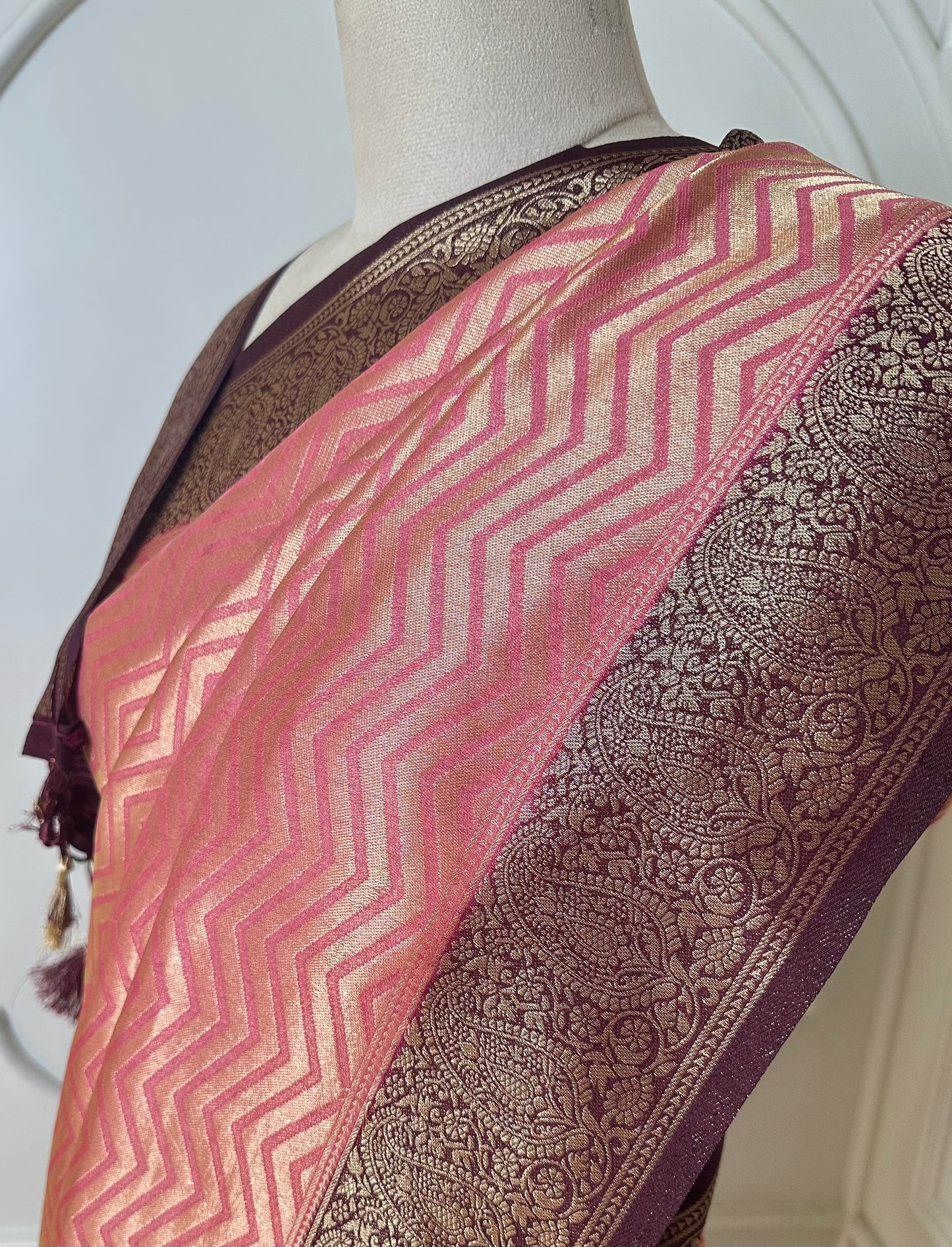 Peach Banarasi Silk Saree with Wine Zari Border