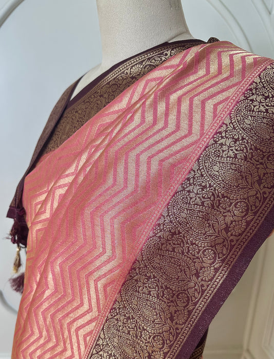 Peach Banarasi Silk Saree with Wine Zari Border