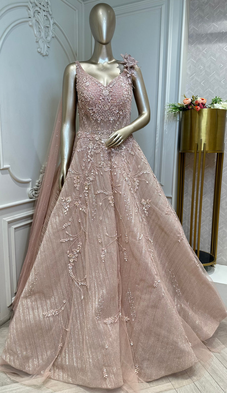 Blush Pink Embellished Designer Gown - front view