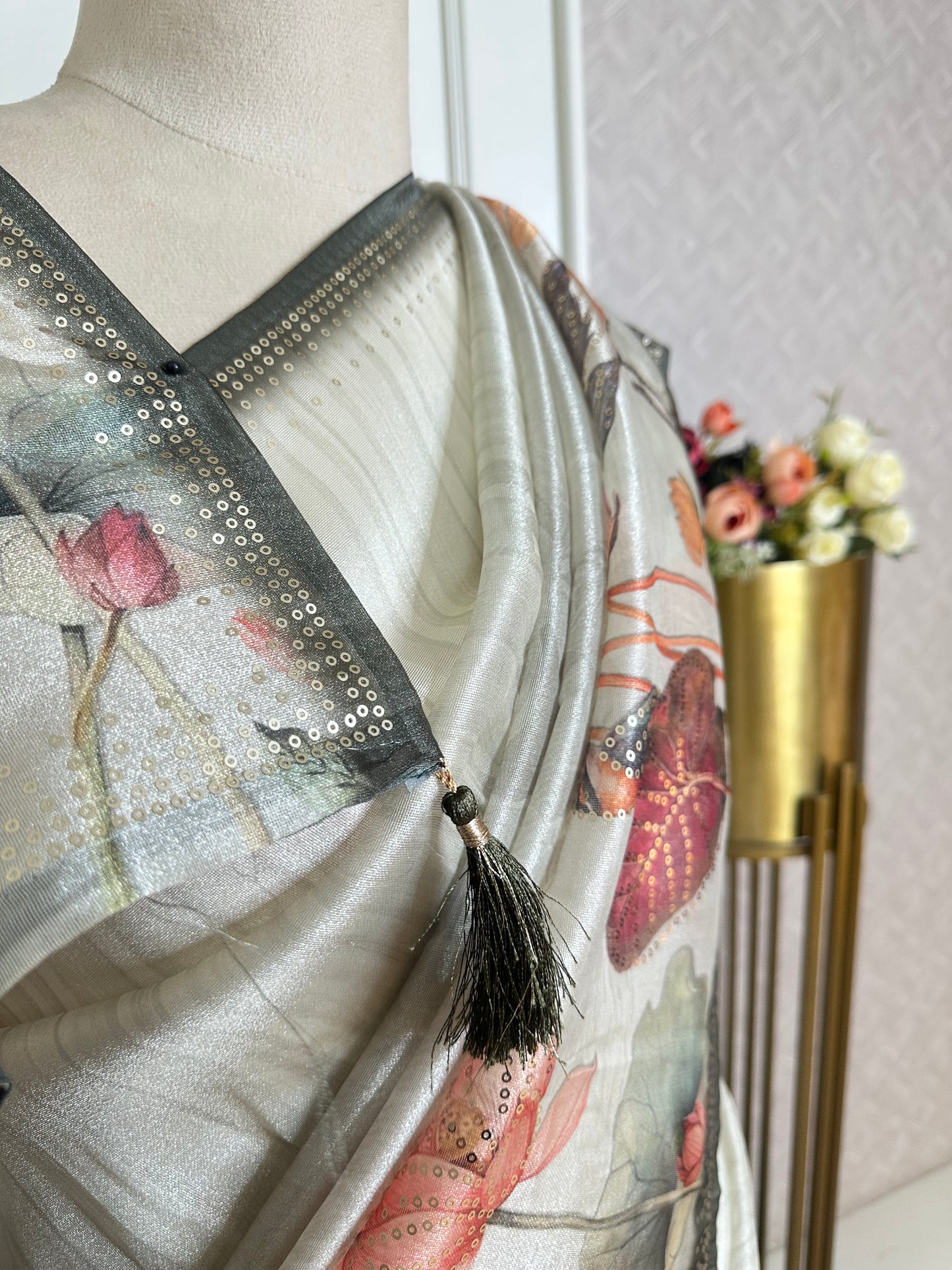 Ivory Floral Art Silk Saree