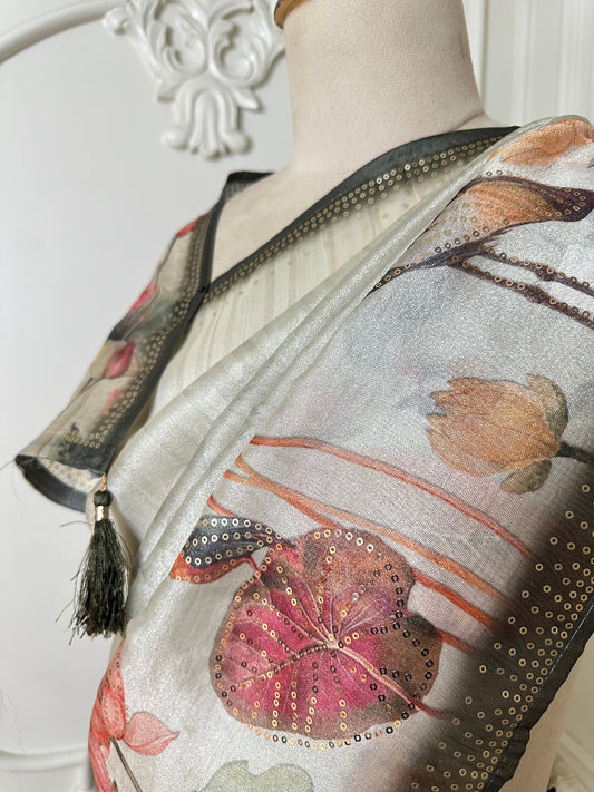 Ivory Floral Art Silk Saree