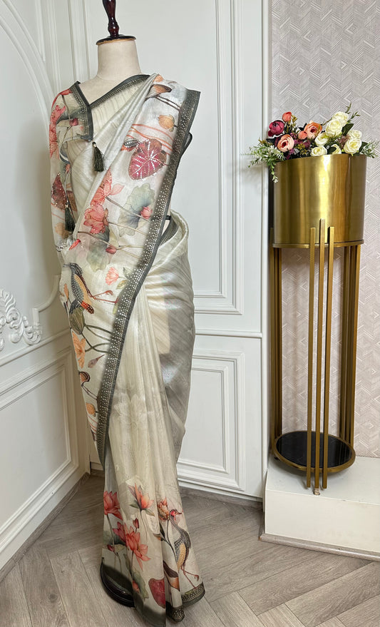 Ivory Floral Printed Saree