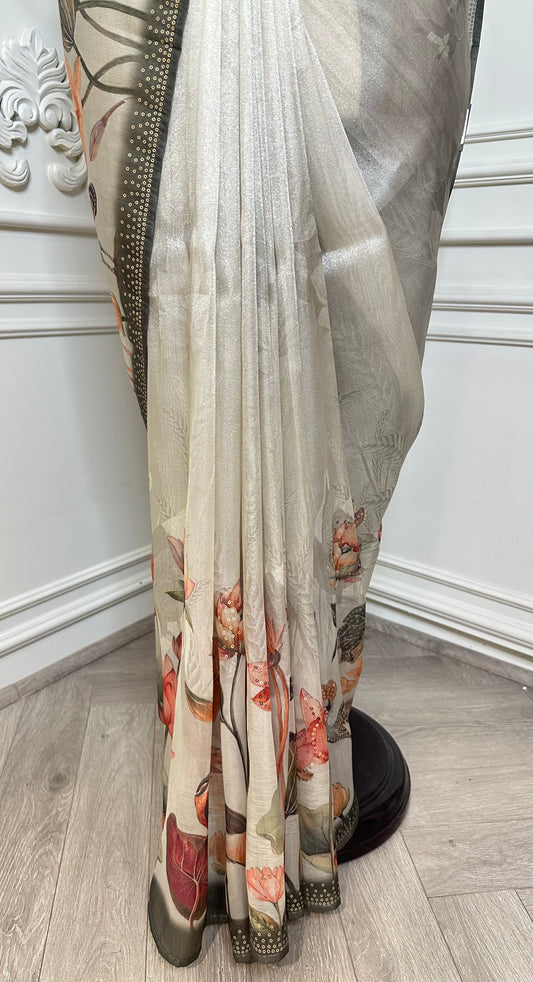 Ivory Floral Printed Saree