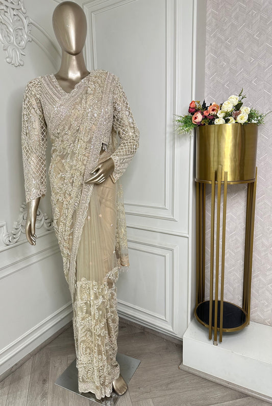 Ivory Embroidered Designer Saree