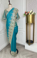 Turquoise Embroidered Designer Saree