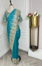 Turquoise Embroidered Designer Saree