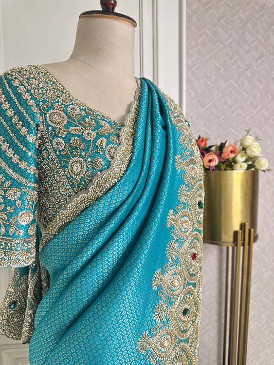 Turquoise Blue Embroidered Saree