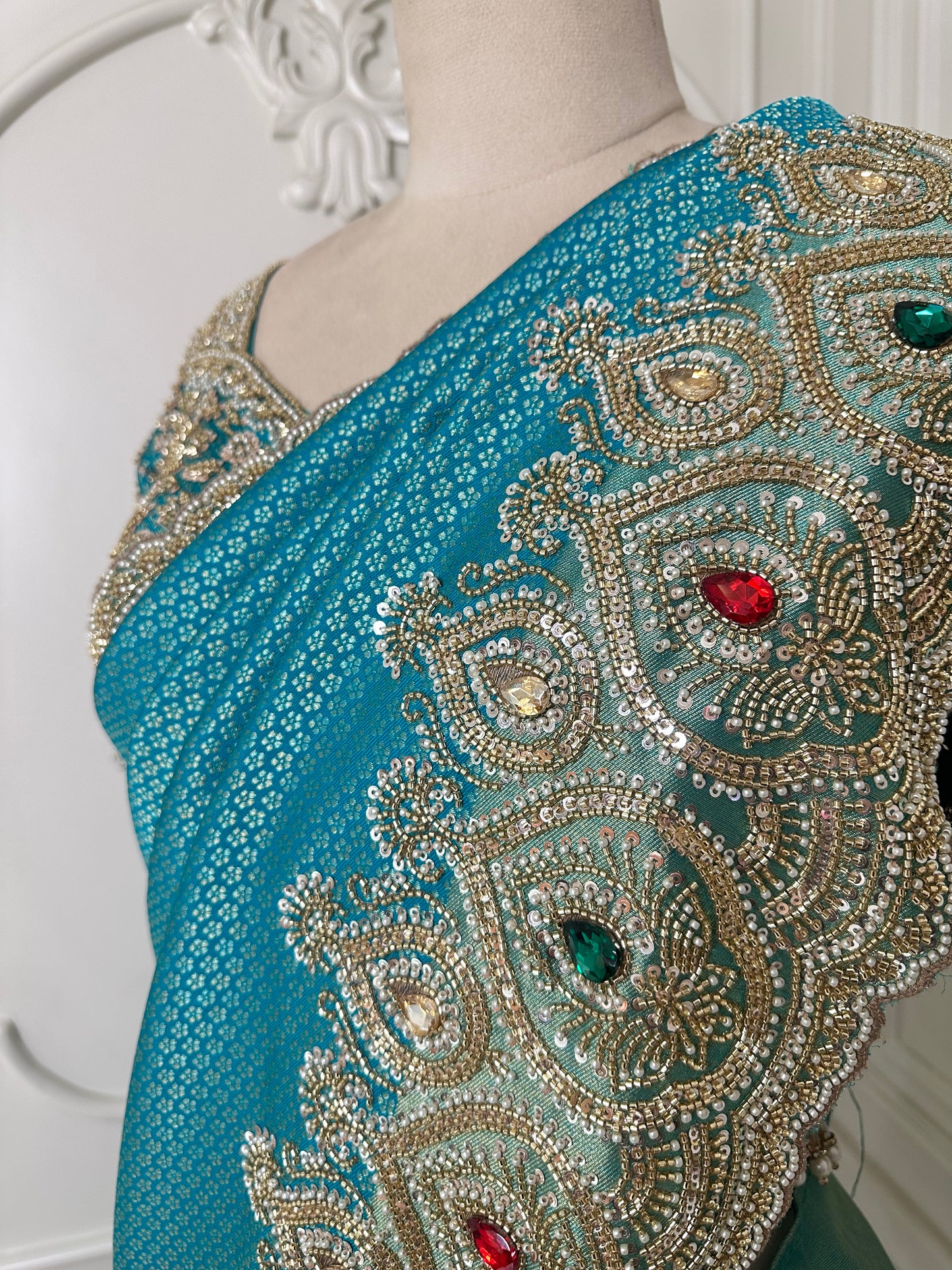 Turquoise Blue Embroidered Saree