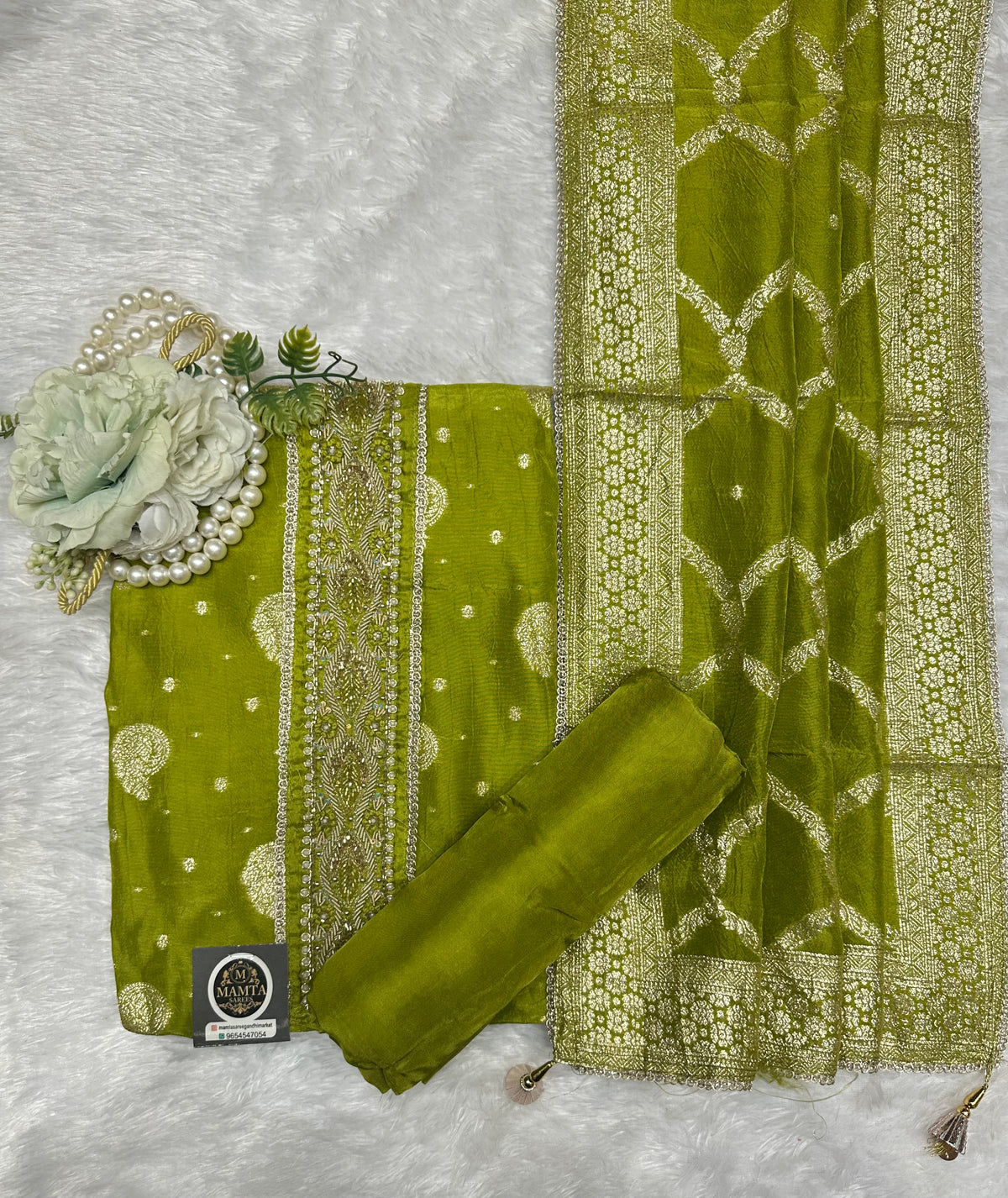 Golden Beige Embroidered Designer Party Suit Set - fabric texture detail