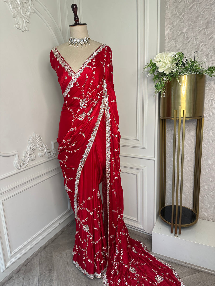 Ruby Red Embroidered Designer Saree - front view