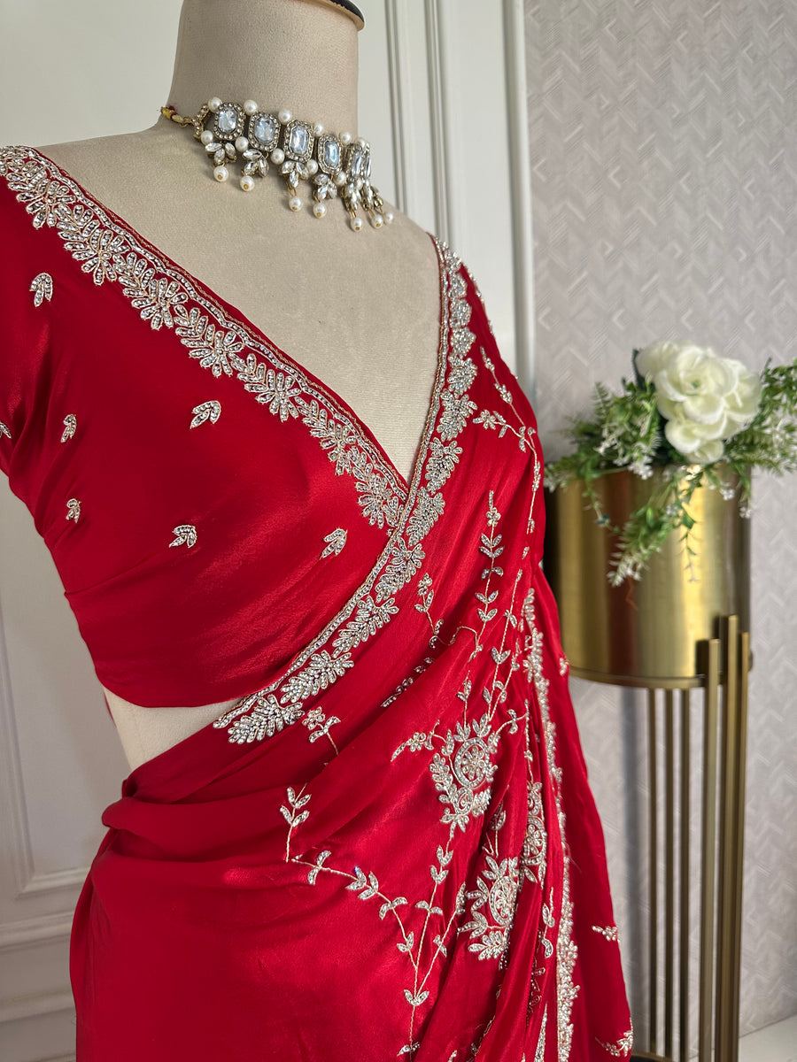 Ruby Red Embroidered Designer Saree - close-up embroidery detail