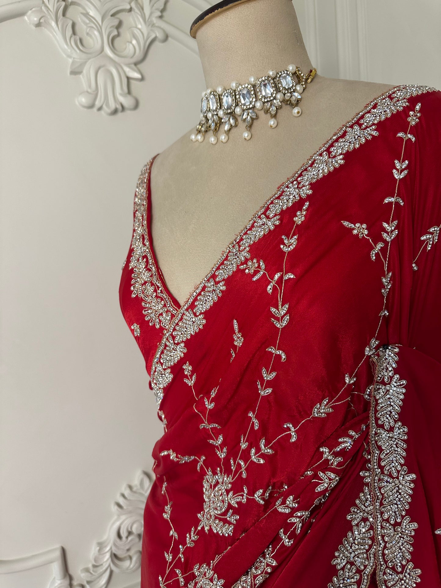 Ruby Red Embroidered Designer Saree
