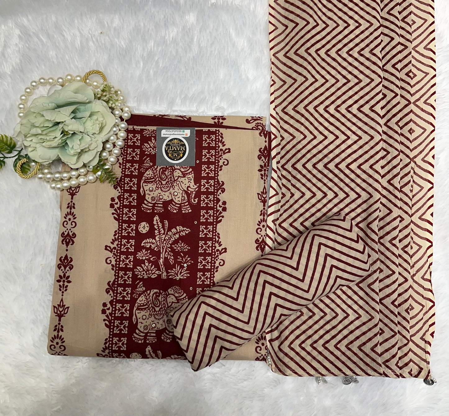 Beige Maroon Printed Suit Set