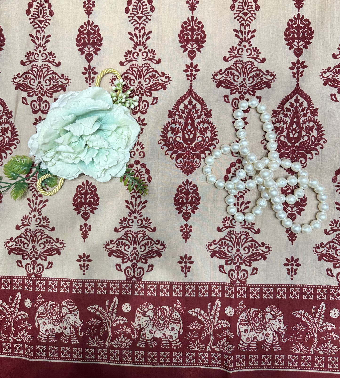 Beige Maroon Printed Suit Set