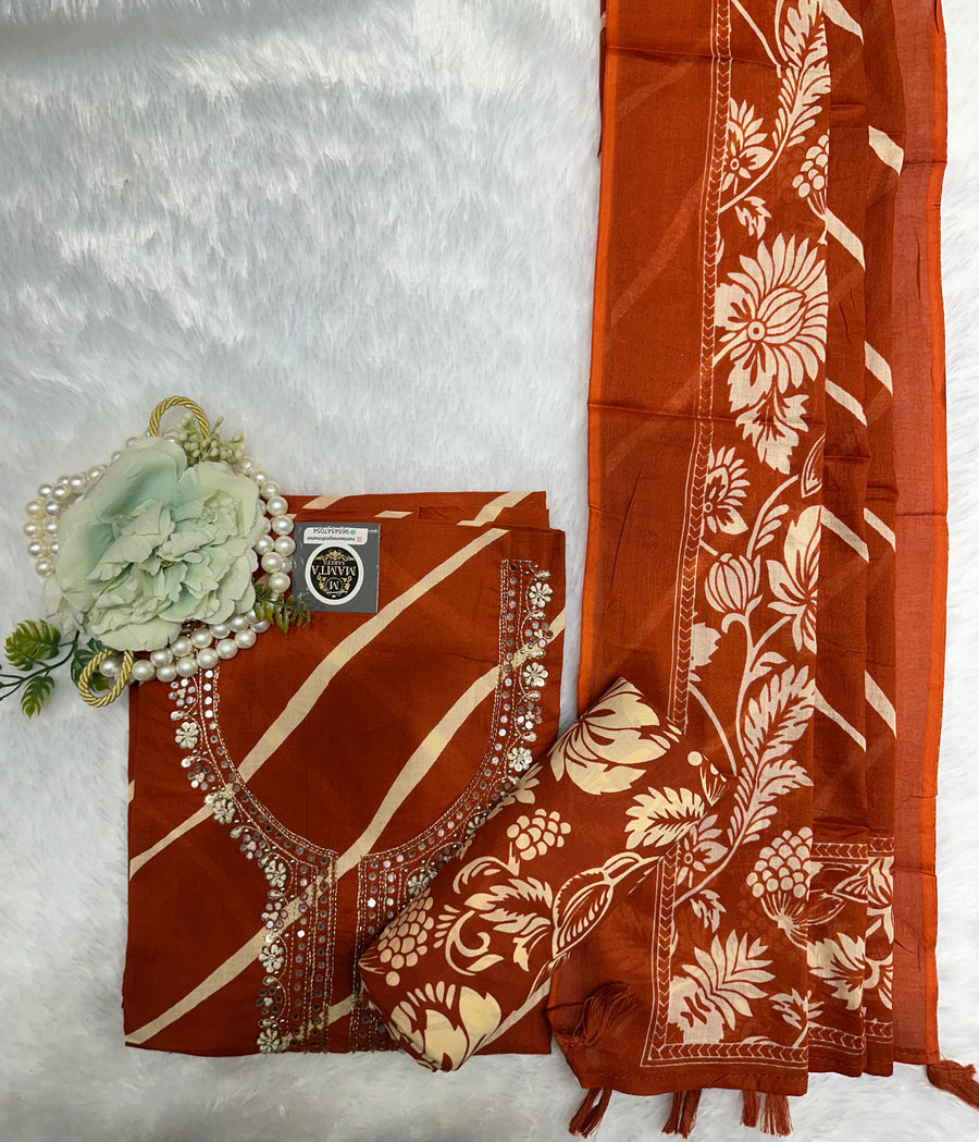 Rust Floral Printed Saree with Embroidered Blouse - front view